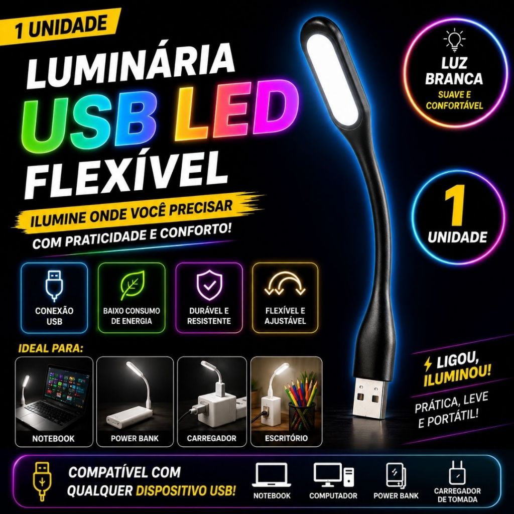 Mini Luminária LED USB Flexível Portátil Para Notebook Leitura Abajur 1 Und