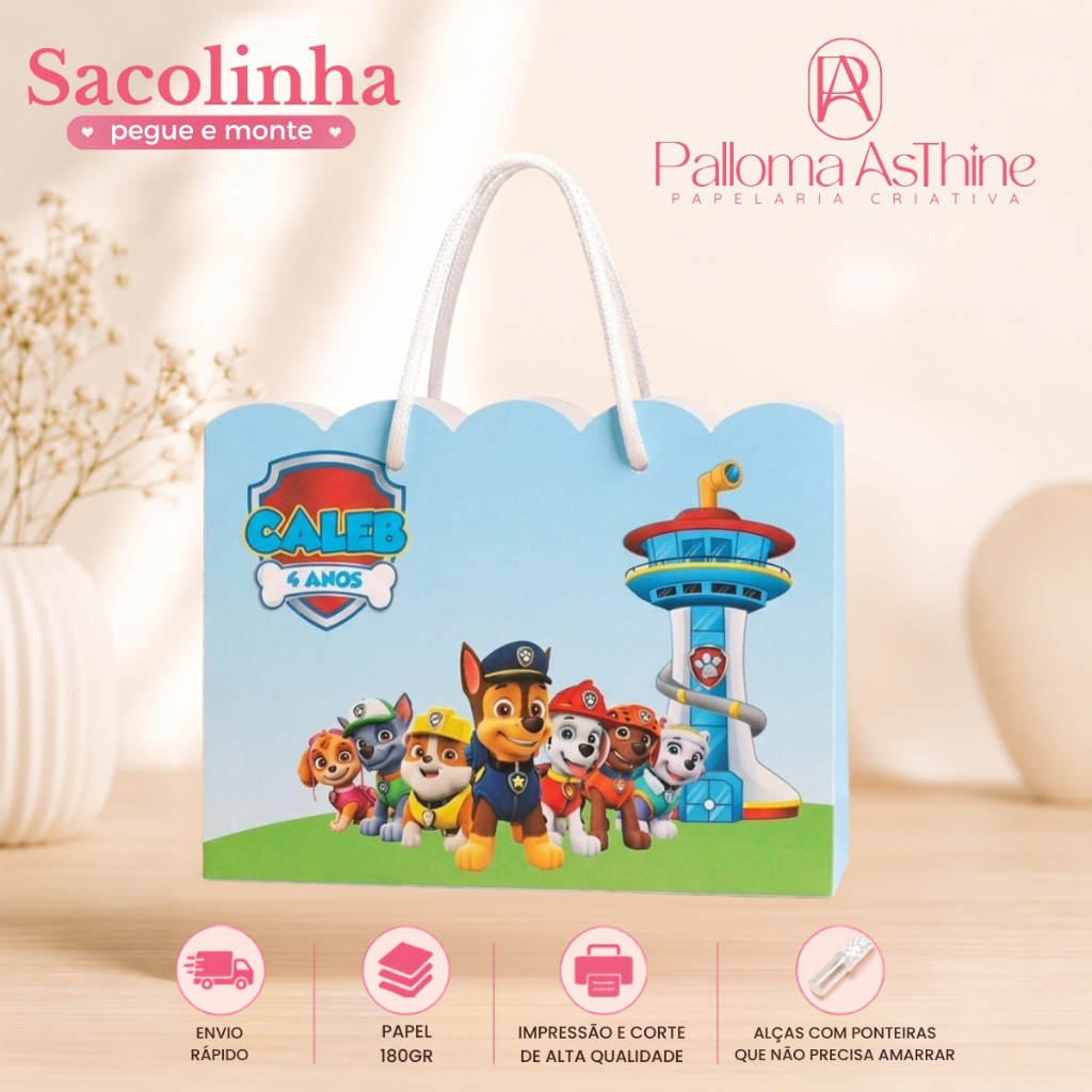 Sacolinha pegue/monte patrulha canina lembrancinha personalizada aniversário 20x15x7cm