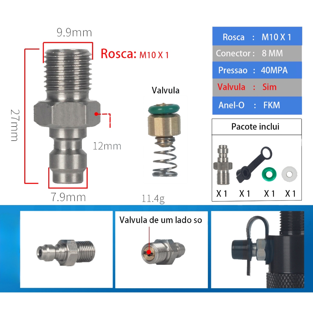 Conector Foster 8mm Macho Engate Rápido 350 Bar Com Válvula de um lado Rosca M8 M10 BSP NPT M12 M14 — imagem 2 de 2