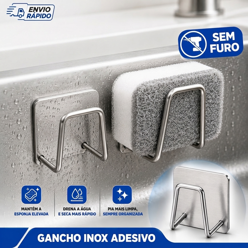 Kit 2/3/4 Gancho Suporte Aço Inoxidável com Adesivo para Esponja Bucha Pia Parede de Cozinha