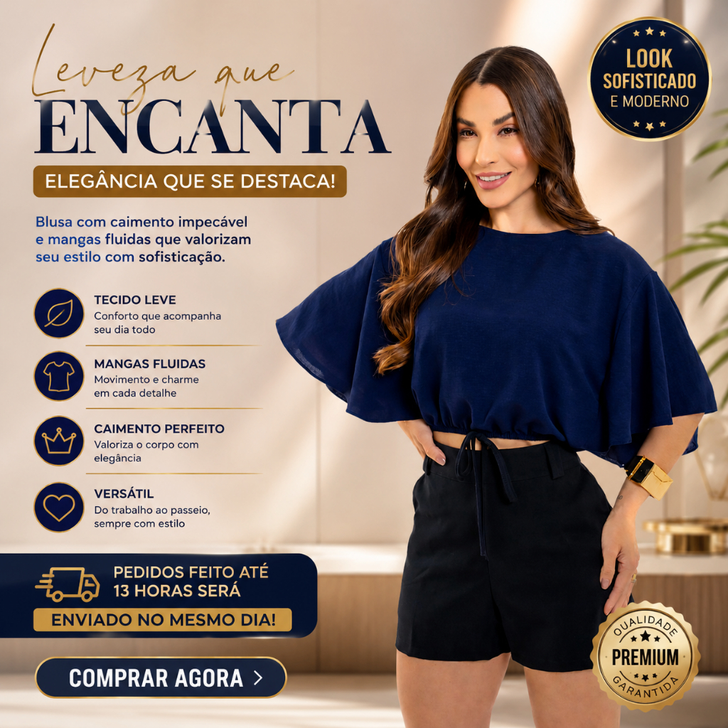 Blusa Cropped Feminina Manga Fluida Leve Confortável Moda Casual Básica No Crepe