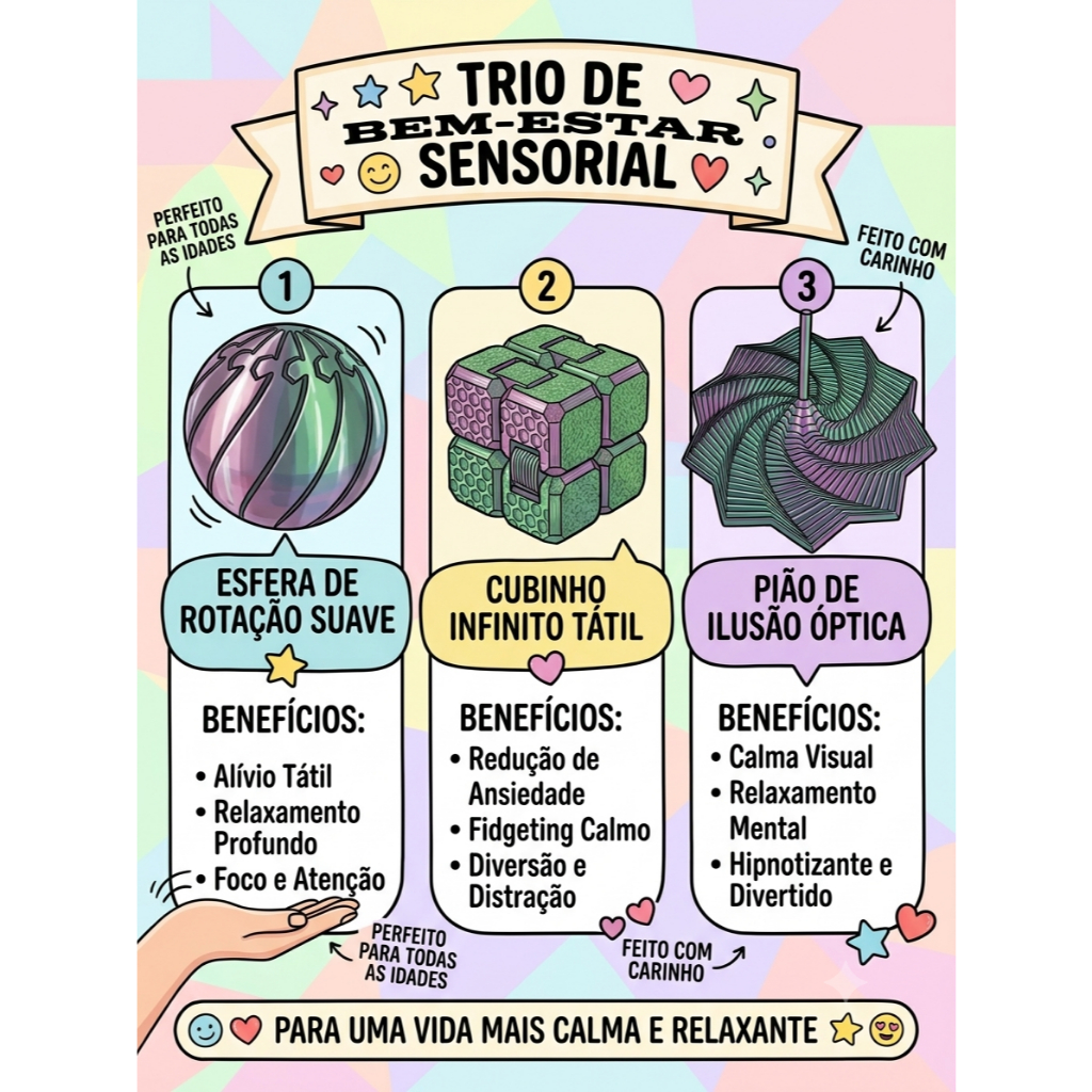 Kit Trio de Bem-Estar Sensorial – 3 Fidget Toys Antiestresse