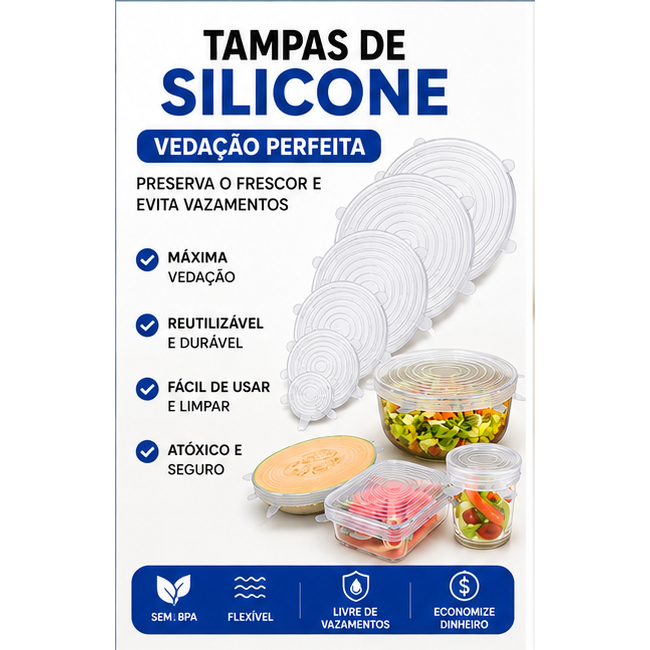 Kit 6/12/18/24 Tampas de Silicone Elásticas Universais Reutilizáveis Vedação Potes Panelas Frutas