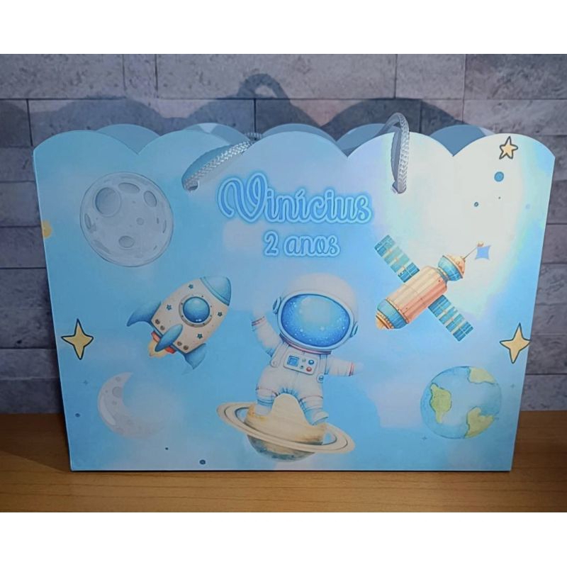 ​Kit Sacolinha Personalizada Aniversário Infantil Astronauta Lembrancinha Festa Alça Corda Náutica