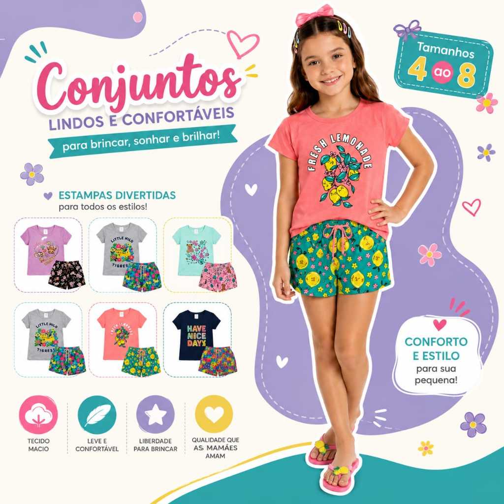 Kit 2 Conjuntos Infantil Feminino | 2 Blusas Estampadas + 2 Shorts Estampados com Cordão Decorativo | Tamanhos 1 ao 8