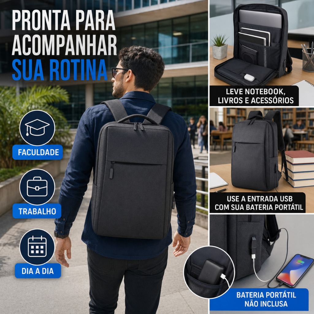 Mochila para Notebook 15,6” Impermeável com Entrada USB Escolar e Trabalho — imagem 2 de 2