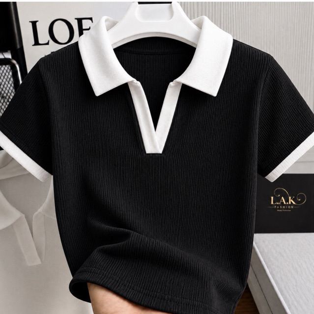 Blusa Polo Feminina Bicolor Manga Curta Ribana Premium Canelada Elegante