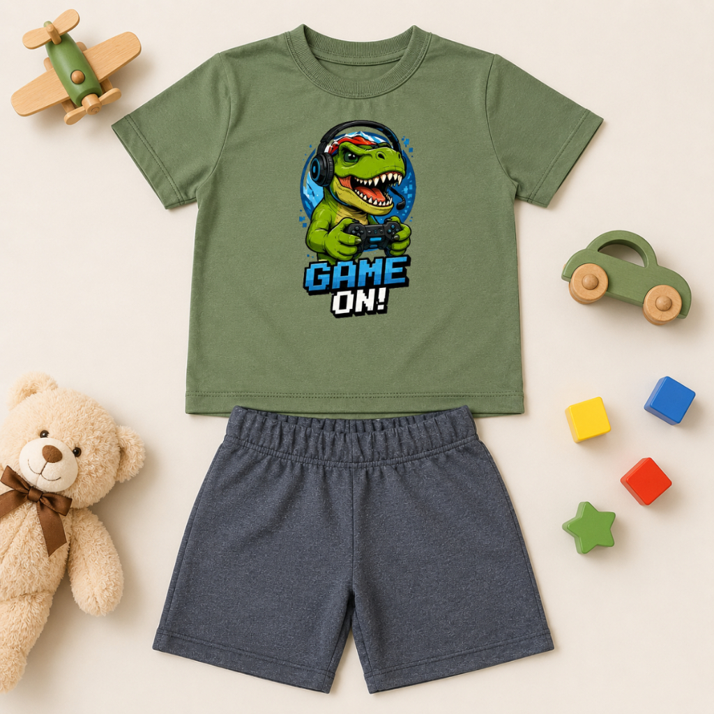Conjunto Infantil Masculino Dinossauro Game On Camiseta + Bermuda