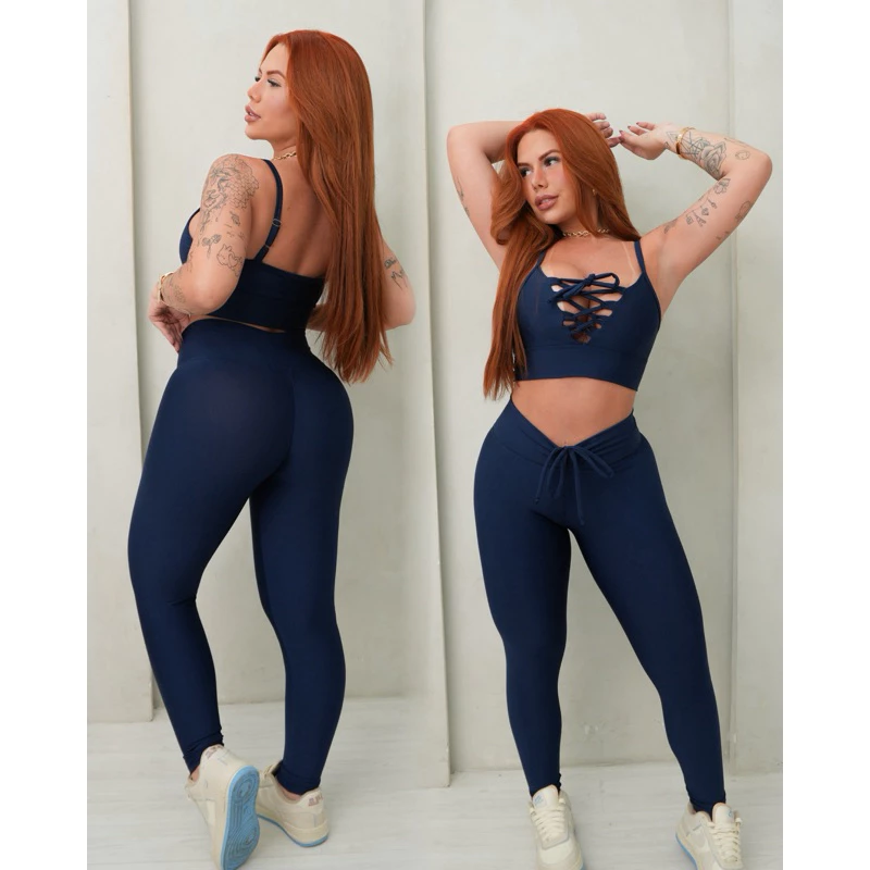 Conjunto Calça com Cordinha e TOP trançado no decote Gringa fitness gym academia — imagem 1