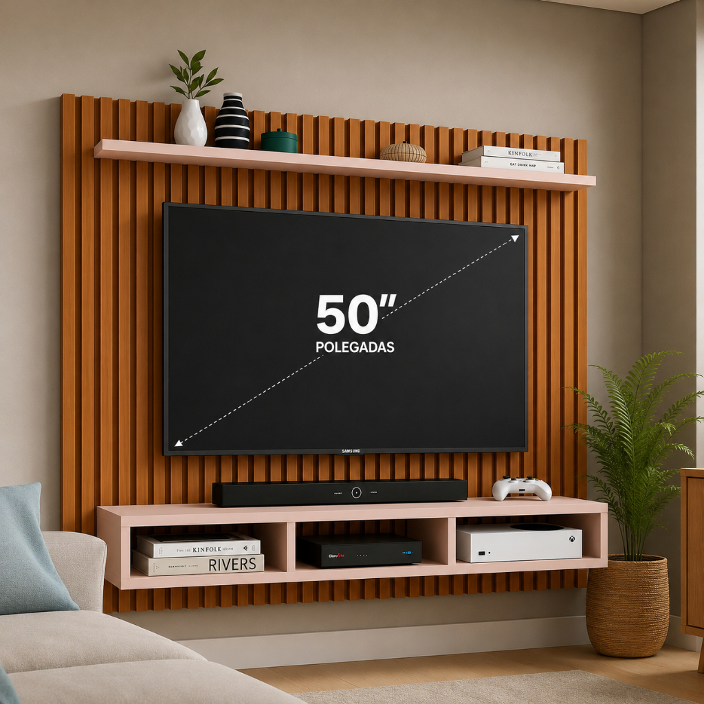 QUEIMA DE ESTOQUE! Painel Suspenso de TV 43 até 60 Polegadas 3D Ripado, Nicho  Prateleira Estante Sala Moderna