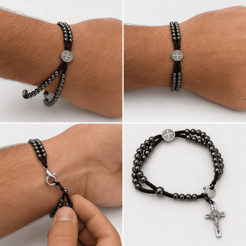 Terço de Pulso em Hematita São Bento Pedra da Saúde Medalha e Crucifixo - Pulseira Regulável Envio Rápido