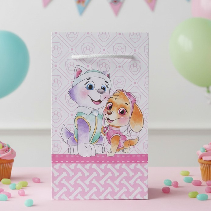 Sacolinha (P) Personalizada Lembrancinha Patrulha Canina Rosa Aquarela.