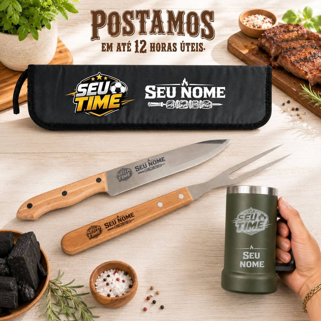 Kit Churrasco Faca Garfo copo Térmico com estojo Personalizados Nome time Logo Empresa