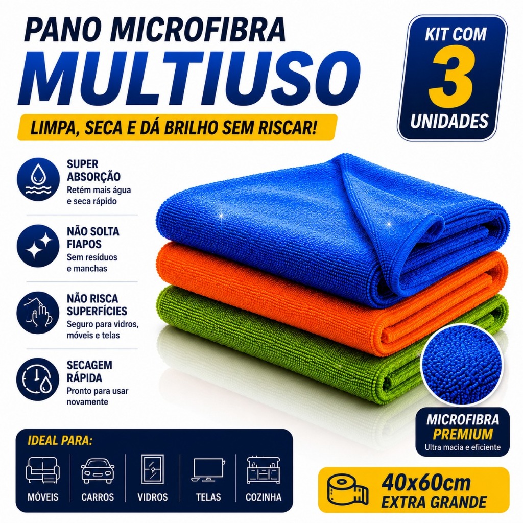 Kit C/ 3 - Pano De Chão Microfibra Gigante 60x40cm - Neves - Multiuso - Limpeza Geral - Multicores