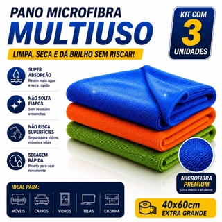 Kit C/ 3 - Pano De Chão Microfibra Gigante 60x40cm - Neves - Multiuso - Limpeza Geral - Multicores