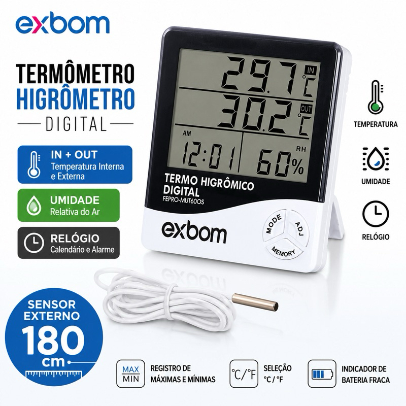 Termo Higrometro Com Bateria Medidor Temperatura Umidade Sensor Externo Exbom Original