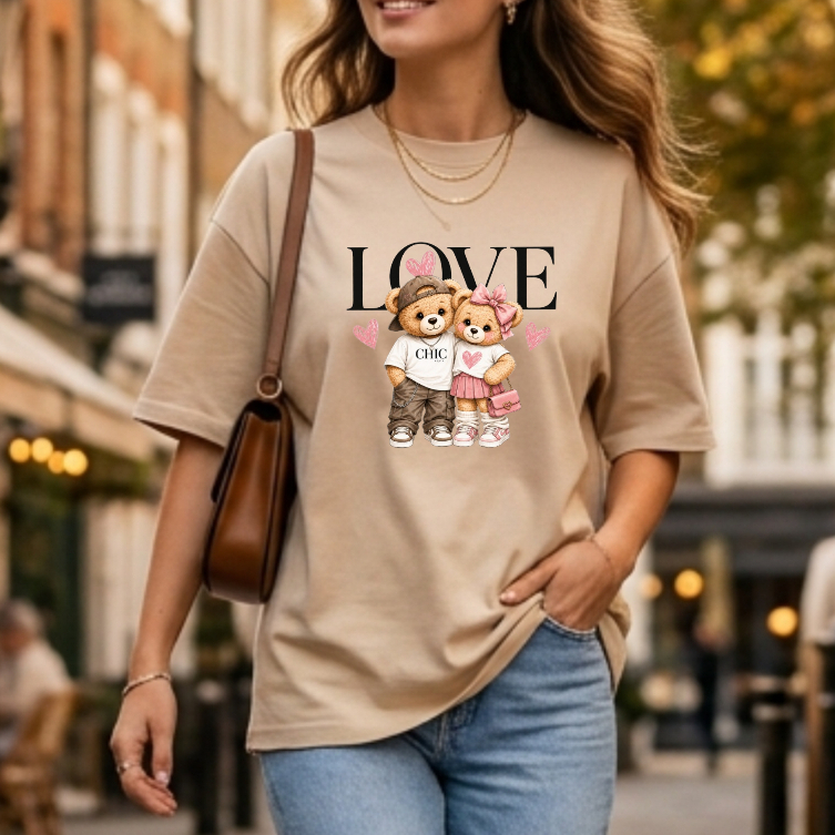 Camiseta Feminina Oversized 100% Algodão Ursinho Teddy Bear Streetwear Love Casual Moda Blogueira