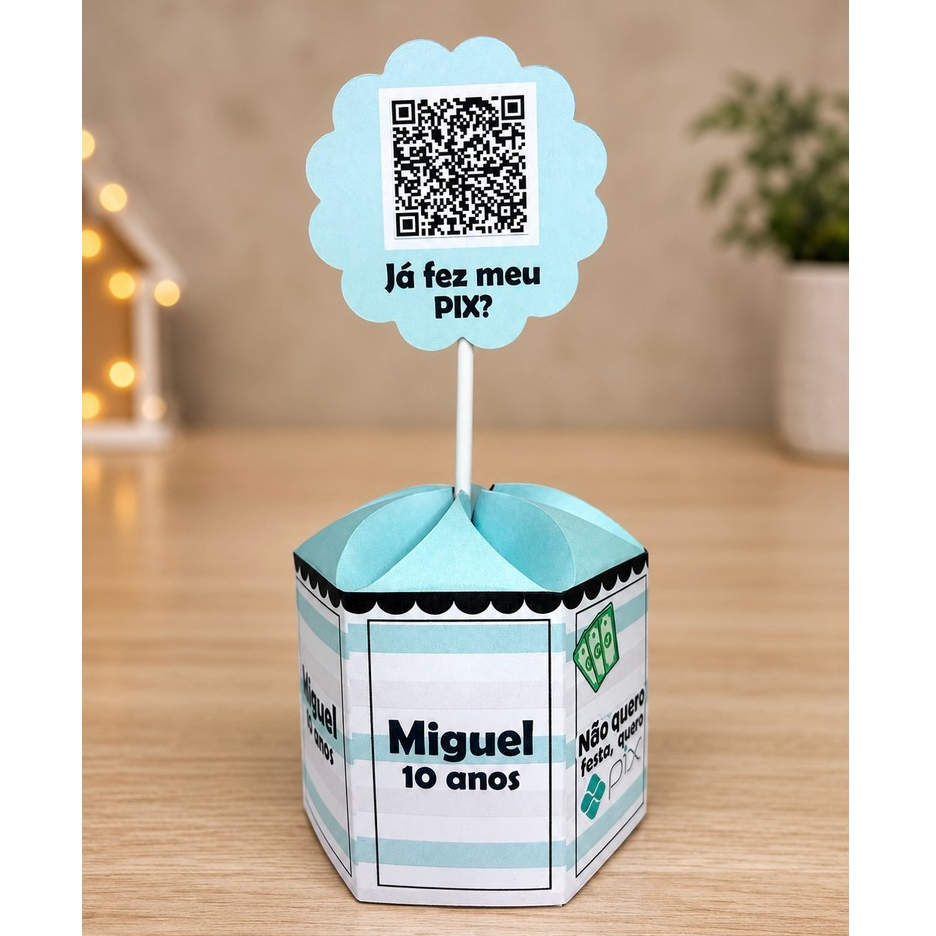 Centro de Mesa Pix Pegue e Monte Caixa Sextavada Personalizada Lembrancinha Festa Infantil