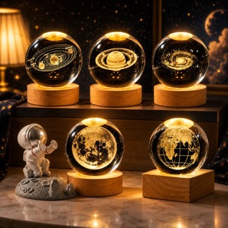 2PCS Crystal Ball Gllowing Night Lamp Desktop Ornament Base de madeira