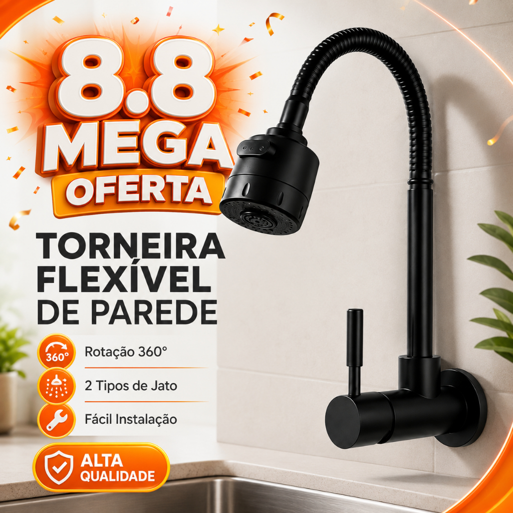 Torneira de Cozinha Parede Inox Gourmet - Acabamento Cromado, Fluxo Flexível, Resistente à Corrosão