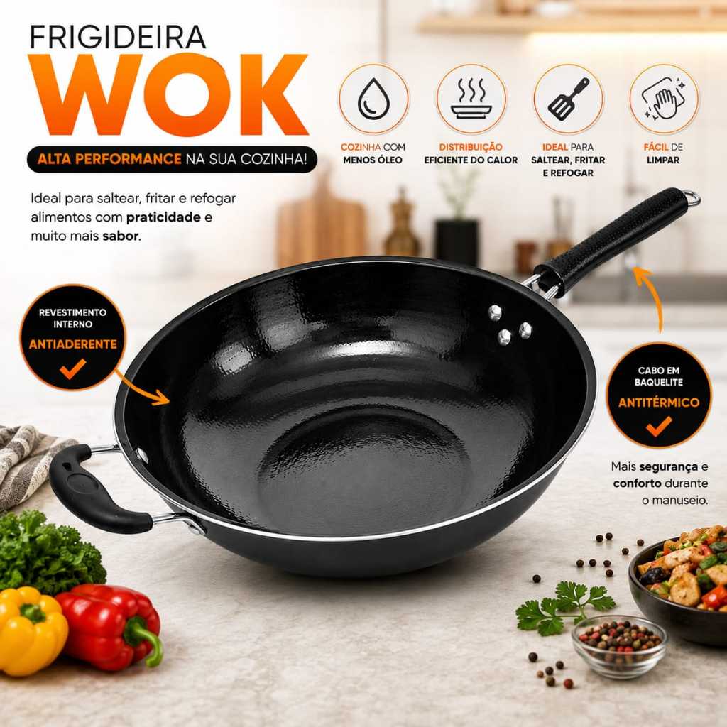Imagem Frigideira Wok Antiaderente 34cm Fratelli Profissional Preta Cabo Antitérmico Fácil de Limpar Cozinha Doméstica