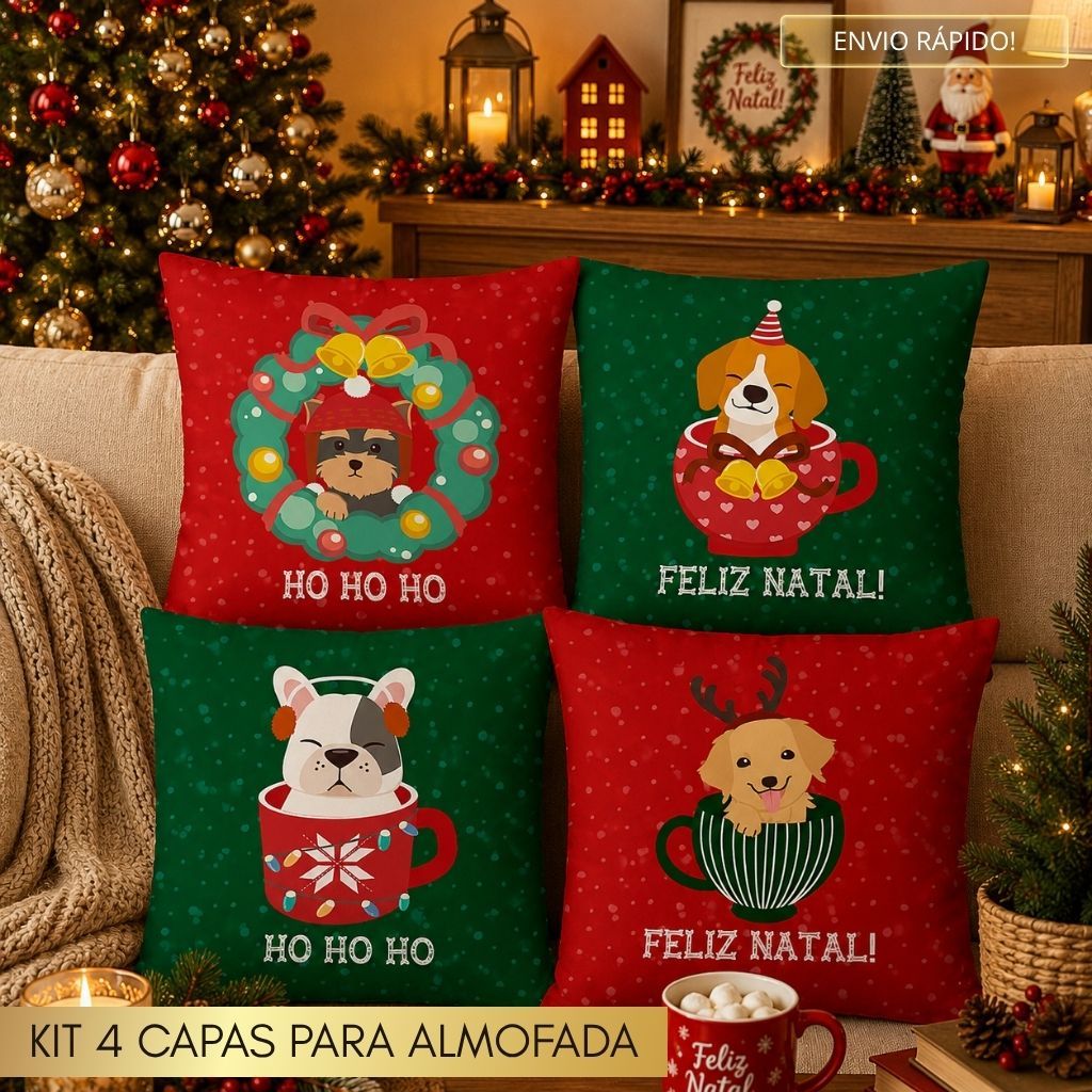Kit 4 Capas de Almofada Decorativas Natalinas 45x45 cm Pet Cachorros Natal