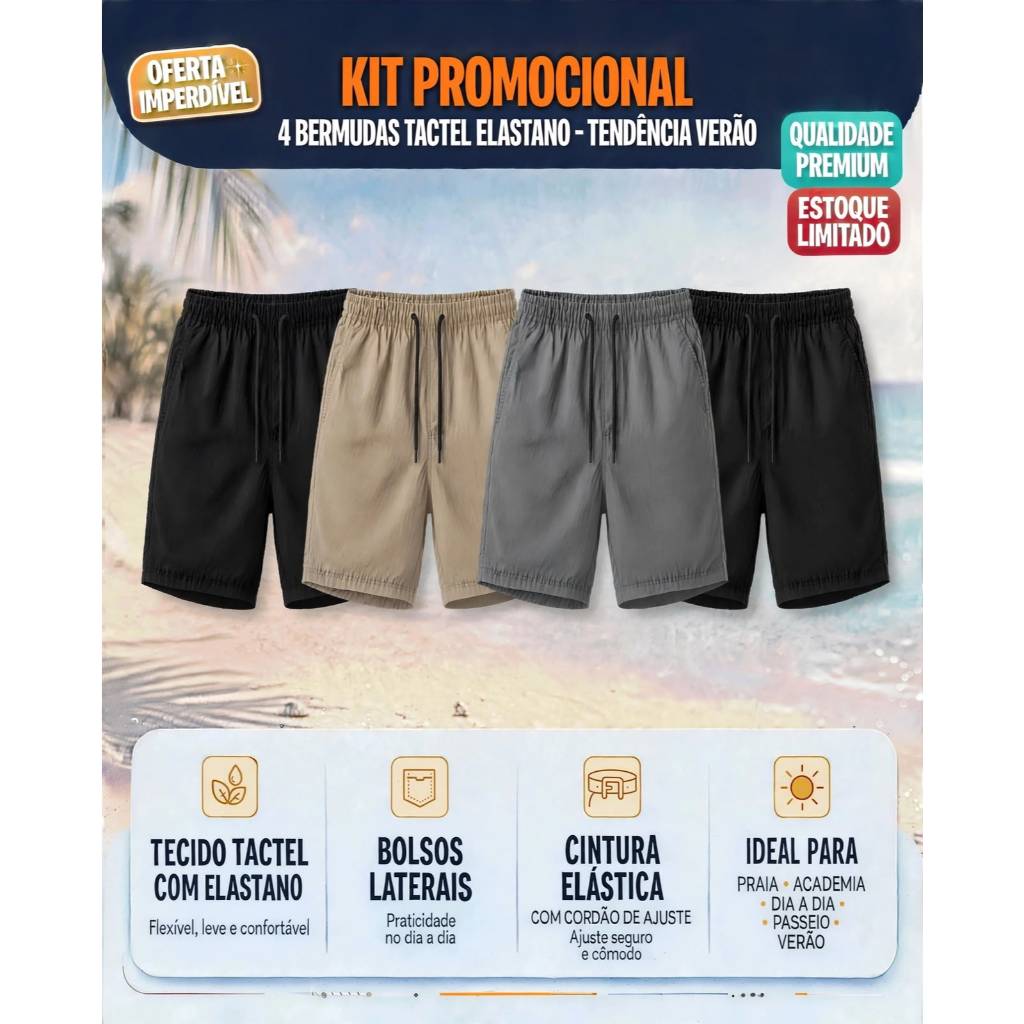 Kit 4 Bermudas Masculina Mauricinho Elastano Liso Tactel Short Praia