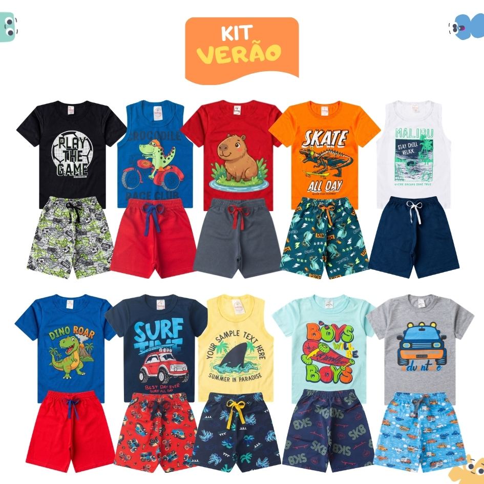 Kit 8 Peças Roupa Infantil Menino Verão Conjunto Masculino Criança Algodão 4 Camisetas + 4 Bermudas Tamanhos 1 ao 14
