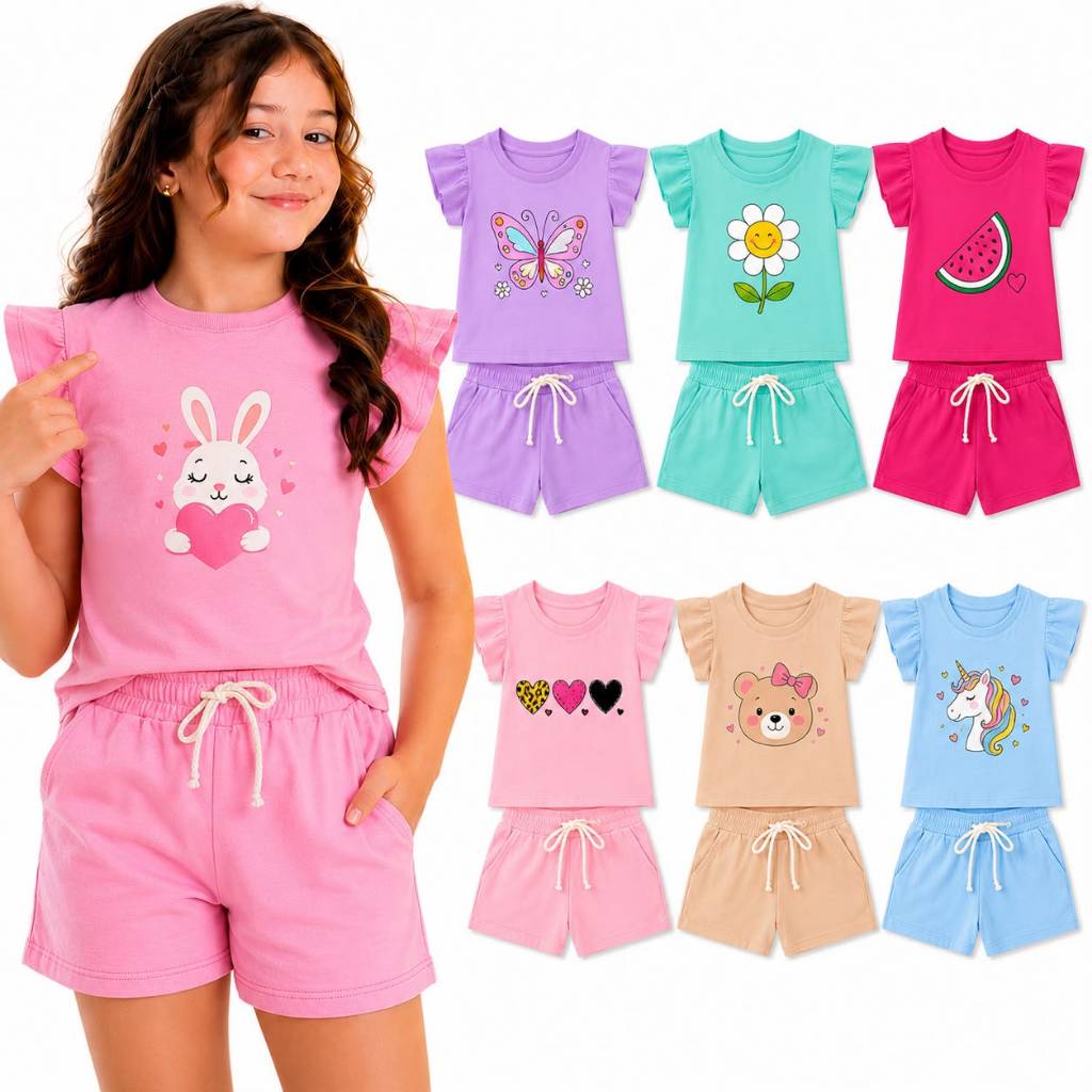 kit 4 peças sortido Conjunto infantil feminino short verão confortável algodão menina diversão passeio férias