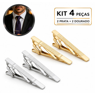 Kit com 4 Prendedores de Gravata Elegante Aço Dourado e Prata
