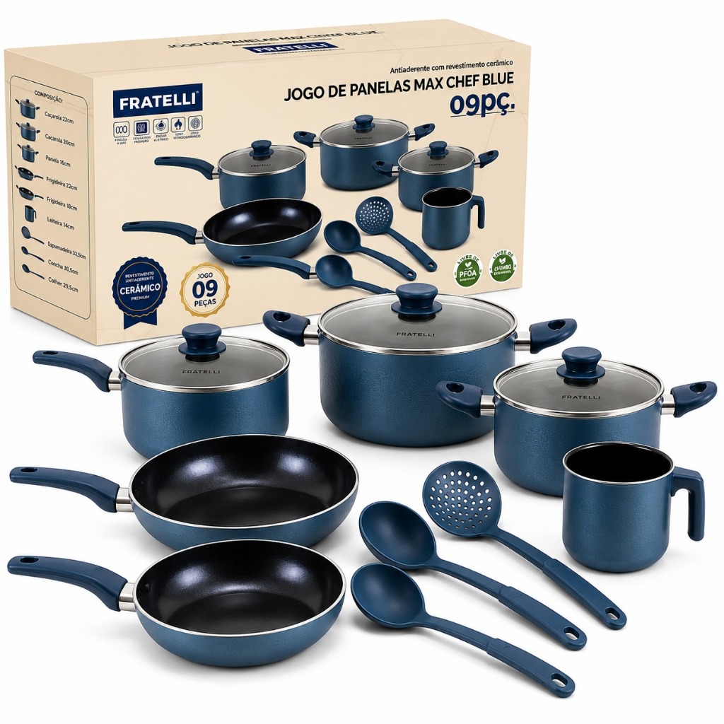 Jogo De Panelas Max Chef Blue 9pcs Indução Fratelli Azul