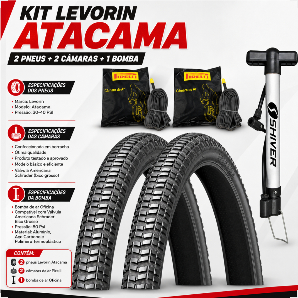 PAR Pneu Levorin Atacama Aro 26 x 1.95 + PAR Camara Pirelli bico grosso + Bombinha Bicicleta Bike