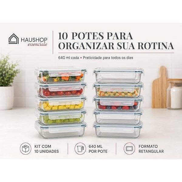 Kit 10 Potes de Vidro Herméticos 640ml Marmita 4 Travas para Freezer Air fryer Forno e Micro-ondas Super Vedação Fitness — imagem 2 de 2