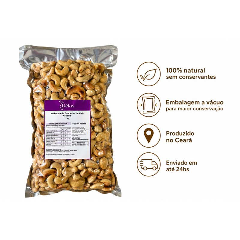 Castanha de Caju W1 Inteira Assada Caseira Artesanal Selecionada | 250g 500g 750g 1kg