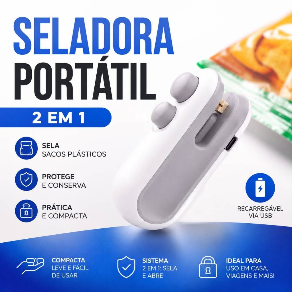 Mini Seladora de Embalagens Magnética e Cabo USB Saco Portátil 2 em 1 Corta e Sela Embalagens