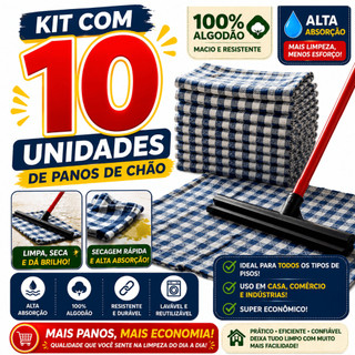 Kit com 10 unidades pano de chão grande 40x65 , saco duplo xadrez premium reforçado pano de limpeza para cozinha
