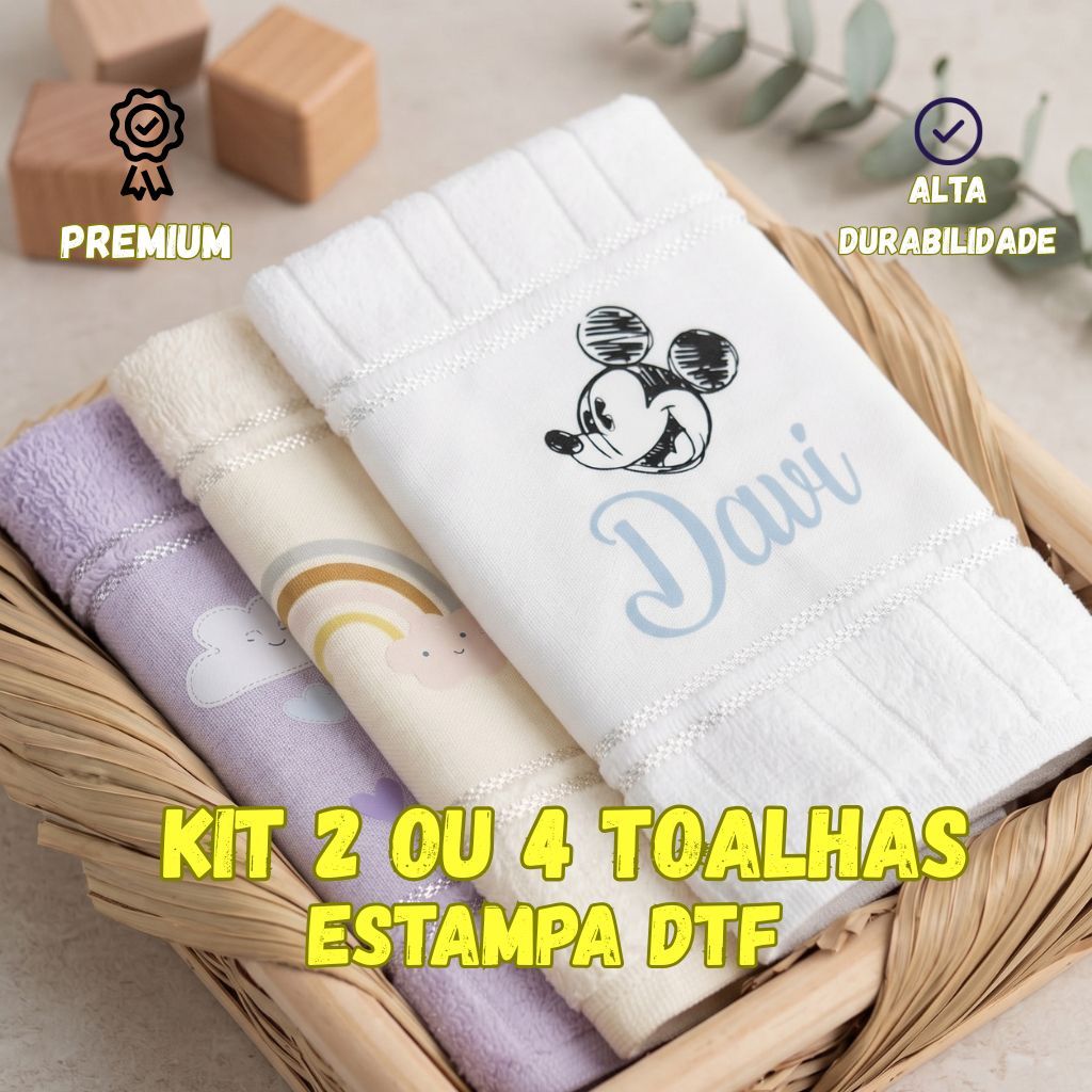 Kit 2 ou 4 Toalhas de Boca Infantil Personalizadas com Estampa DTF e Nome