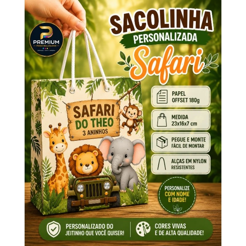 Sacolinha Personalizada Safari M | Nome e Idade | Festa Infantil | Lembrancinha | Pegue e Monte