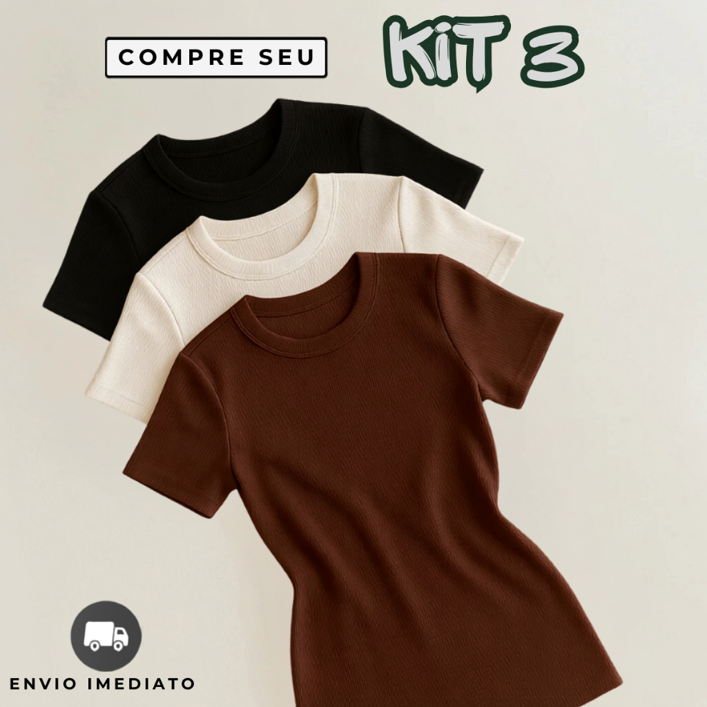 Kit 3 Blusas Femininas Ribana Canelada Manga Curta Básica Premium Estilosa Elegante Tendência Verão