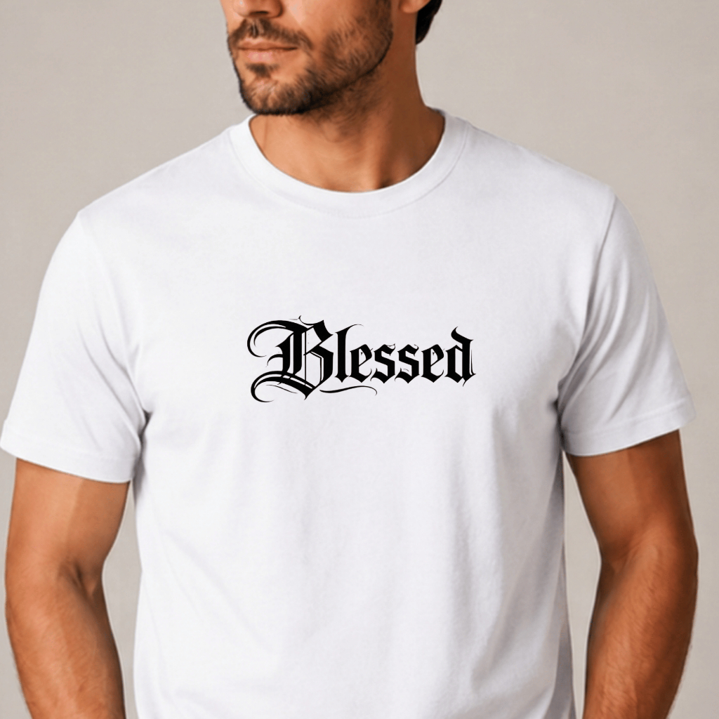 camiseta masculina estampa cristã blessed abençoado fabricada em algodão branca