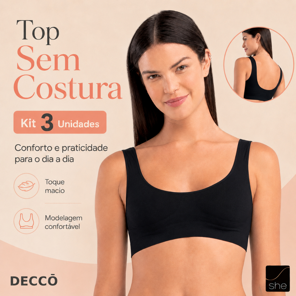 Kit 3 Top Feminino She Regata Sem Costura Sem Bojo Confortável Original Microfib