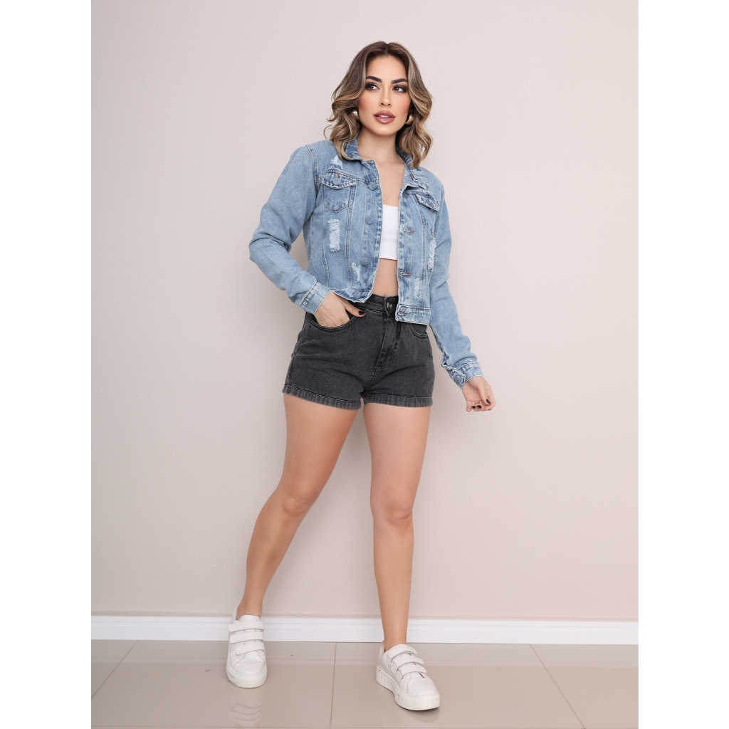 Jaqueta jeans retrô americana azul claro com lavagem clara | Jaqueta cropped com efeito desgastado | Blusa versátil e qu — imagem 2 de 2