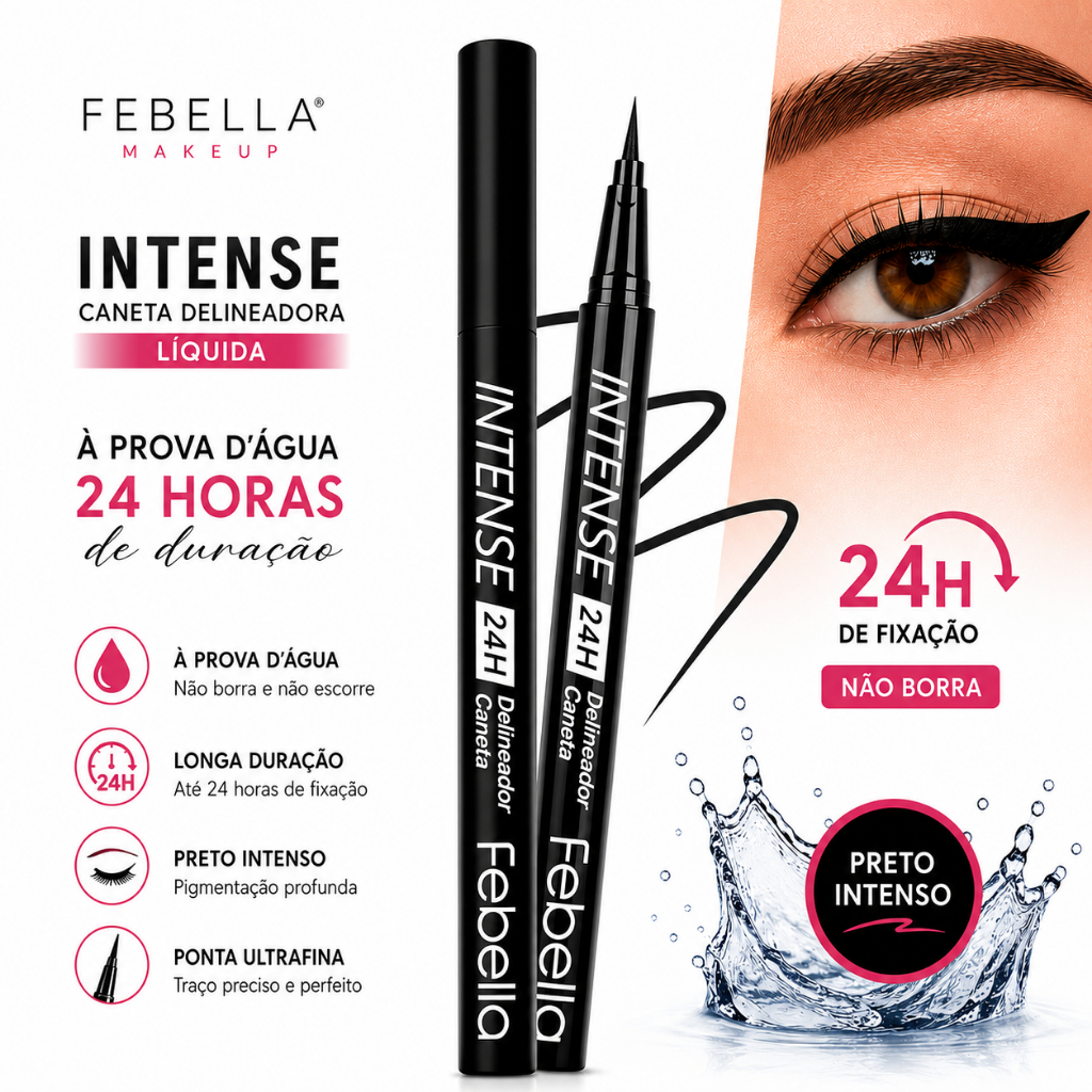 Caneta Delineadora Líquida Febella Intense 24H À Prova D'Água Preto Intenso Ponta Ultrafina