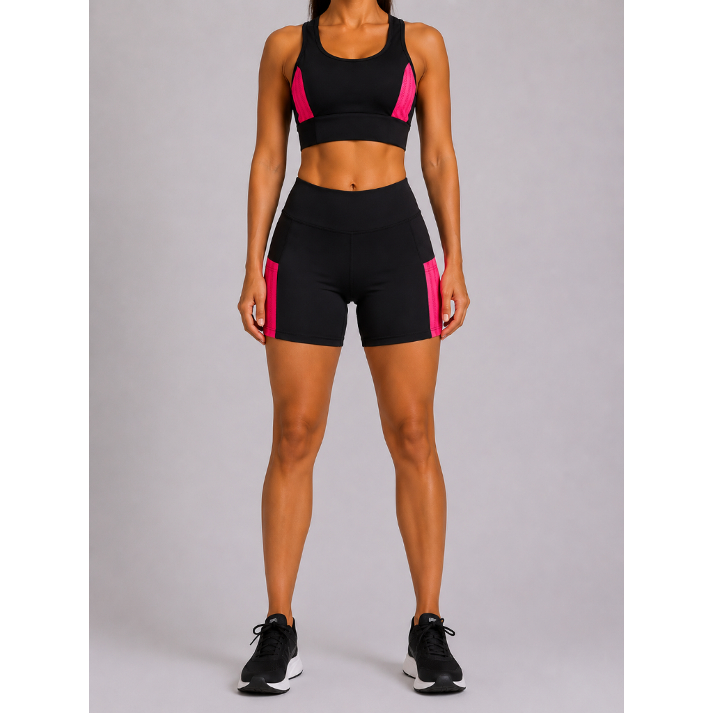 Conjunto Fitness Feminino Short com Bolso para Celular e Top Cropped Academia