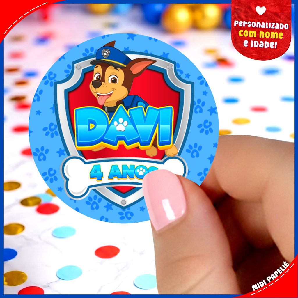 100 Adesivos Patrulha Canina Chase Festa de aniversário Infantil adesivo redondo Nome e idade Personalizado Lembrancinha