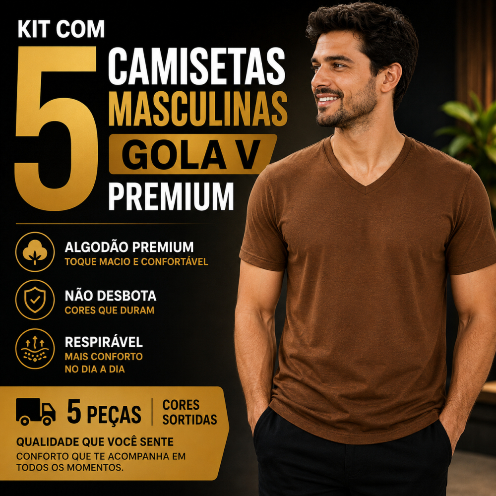 Kit 5 Camiseta Algodão Lisa Masculina Camisa Básica T-Shirt Gola V Lindas Cores Promoção