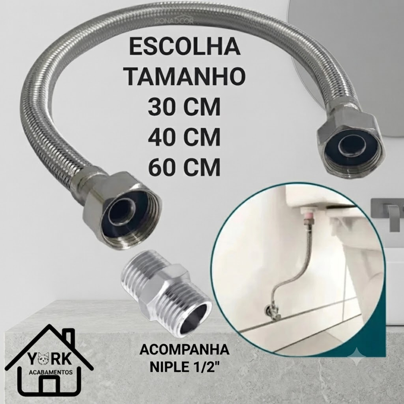 MANGUEIRA RABICHO ENGATE FLEXIVEL FEMEA FEMEA INOX TRANÇADO 30 40 ou 60 CM PARA AGUA QUENTE E FRIA