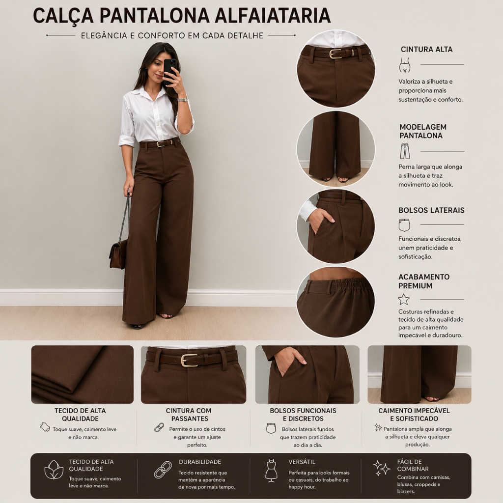 Calça Feminina Pantalona Feminina Tecido Premium Elegante Chique Moderno