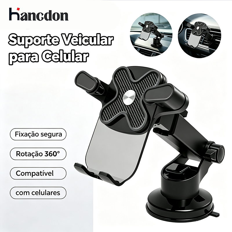 Hancdon Suporte Veicular Celular Carro Ventosa Vácuo 360° Giratório Universal Antiderrapante Promoção Envio Rápido