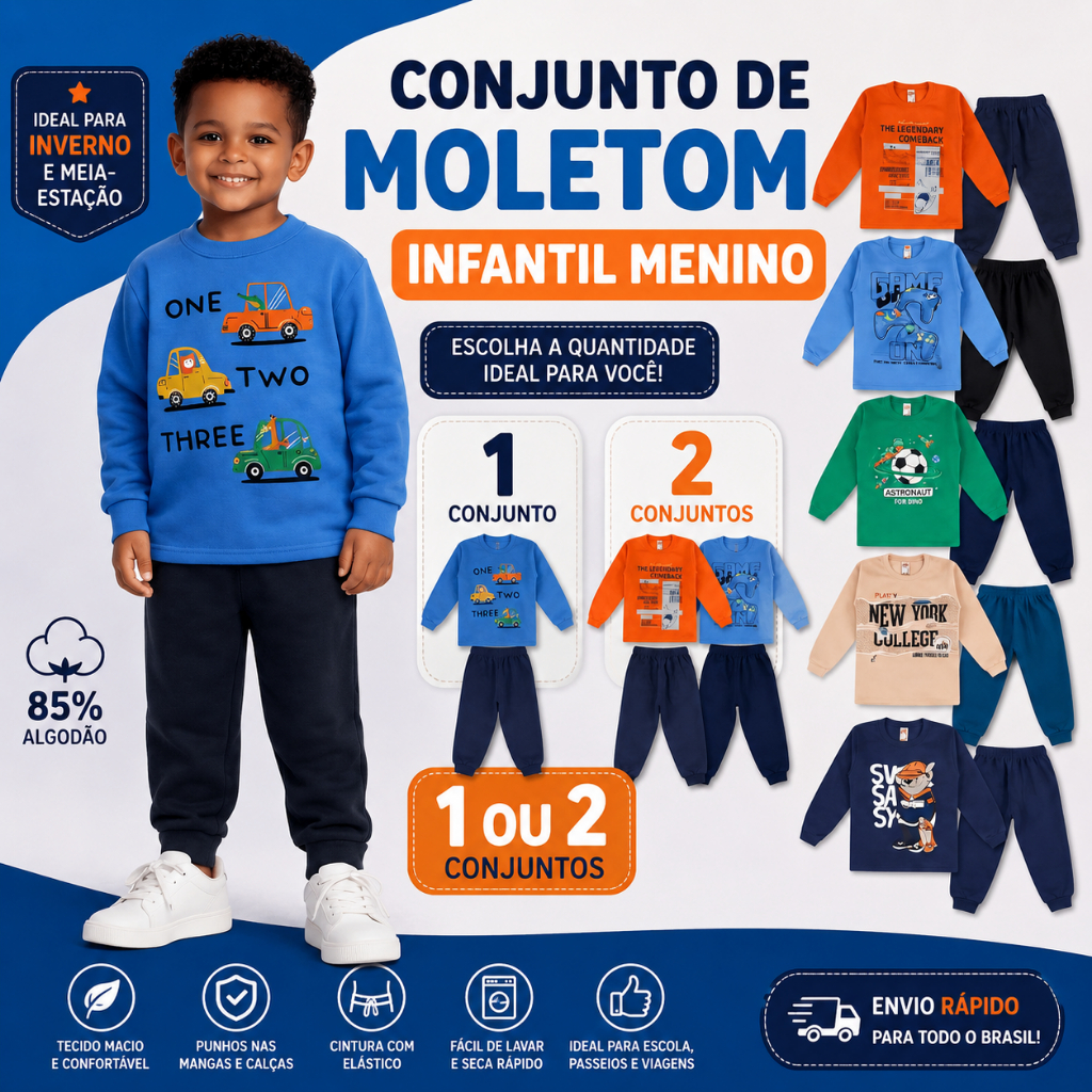 Conjunto Moletom Infantil Menino Inverno 85% Algodão 1 ou 2 Conjuntos Estampas Sortidas